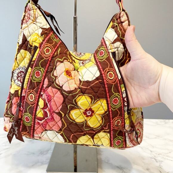 Vera Bradley Floral Quilted Shoulder Hobo Boho Hippie Brown Pink Women's Handbag - Picture 4 of 11